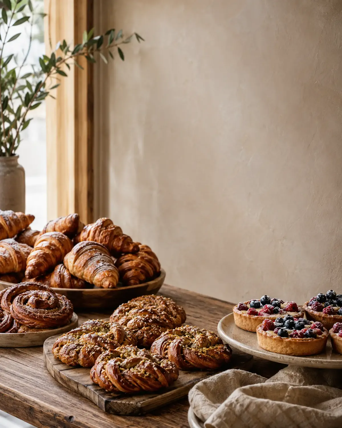 Nybakade bullar och bakverk vid fönster